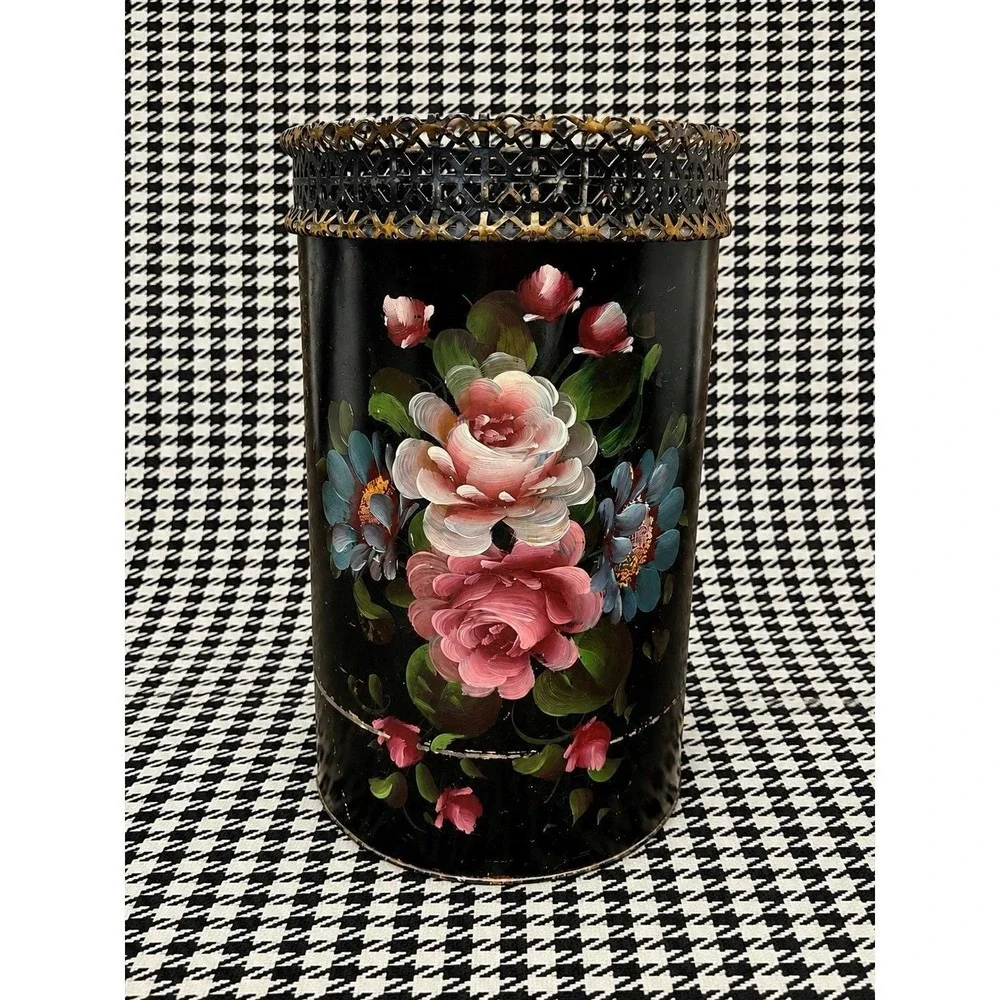 VTG Hand Painted Floral Metal Wastebasket Black Pierced Lattice Toleware Worn!